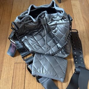 Gray Quilted Drawstring Crossbody Bag for women with wallet! New with tags!!